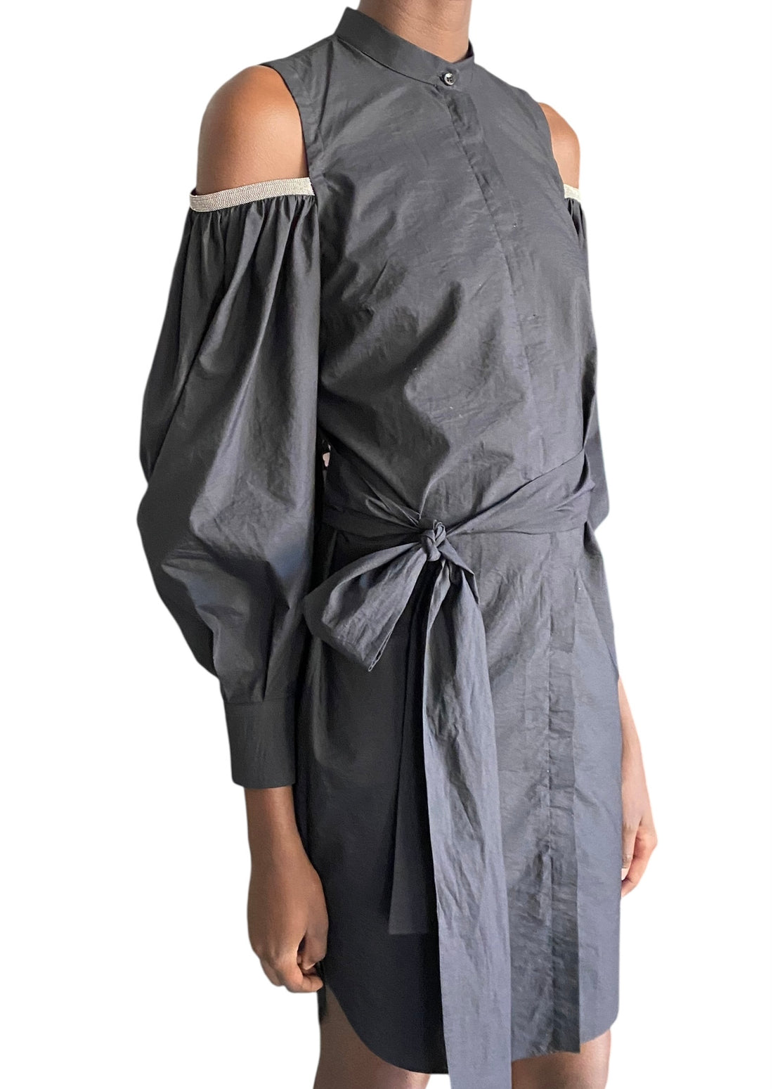 Brunello Cucinelli Crinkled Cotton Exposed Shoulder Belted Shirt Dress - S