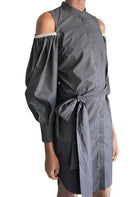 Brunello Cucinelli Crinkled Cotton Exposed Shoulder Belted Shirt Dress - S