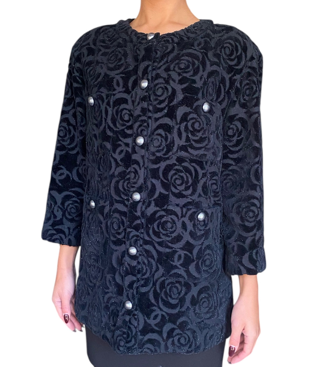 Chanel Black 2018 Shimmer Cotton Velour Camellia Jacket - 38 / US 4-6