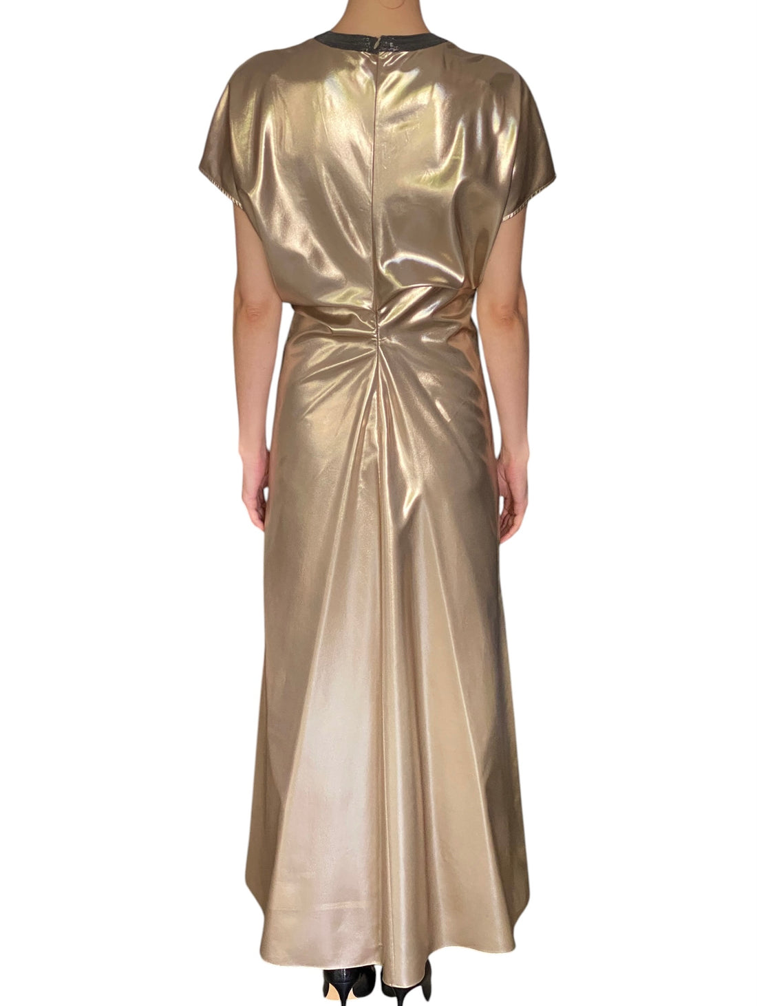 Brunello Cucinelli Brass Lamé Silk Twill Monili Collar Gathered Gown - M / US 6