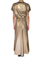Brunello Cucinelli Brass Lamé Silk Twill Monili Collar Gathered Gown - M / US 6