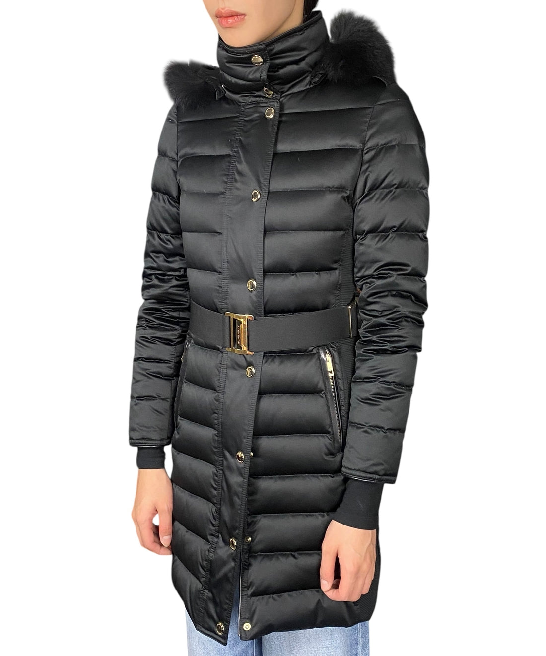 Burberry Black Down Fox Fur Hooded Long Puffer - US 2