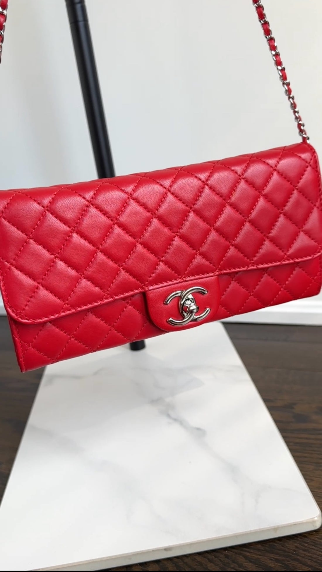 Chanel Red Lambskin Quilted Leather East West Accordion Wallet on Chain Bag