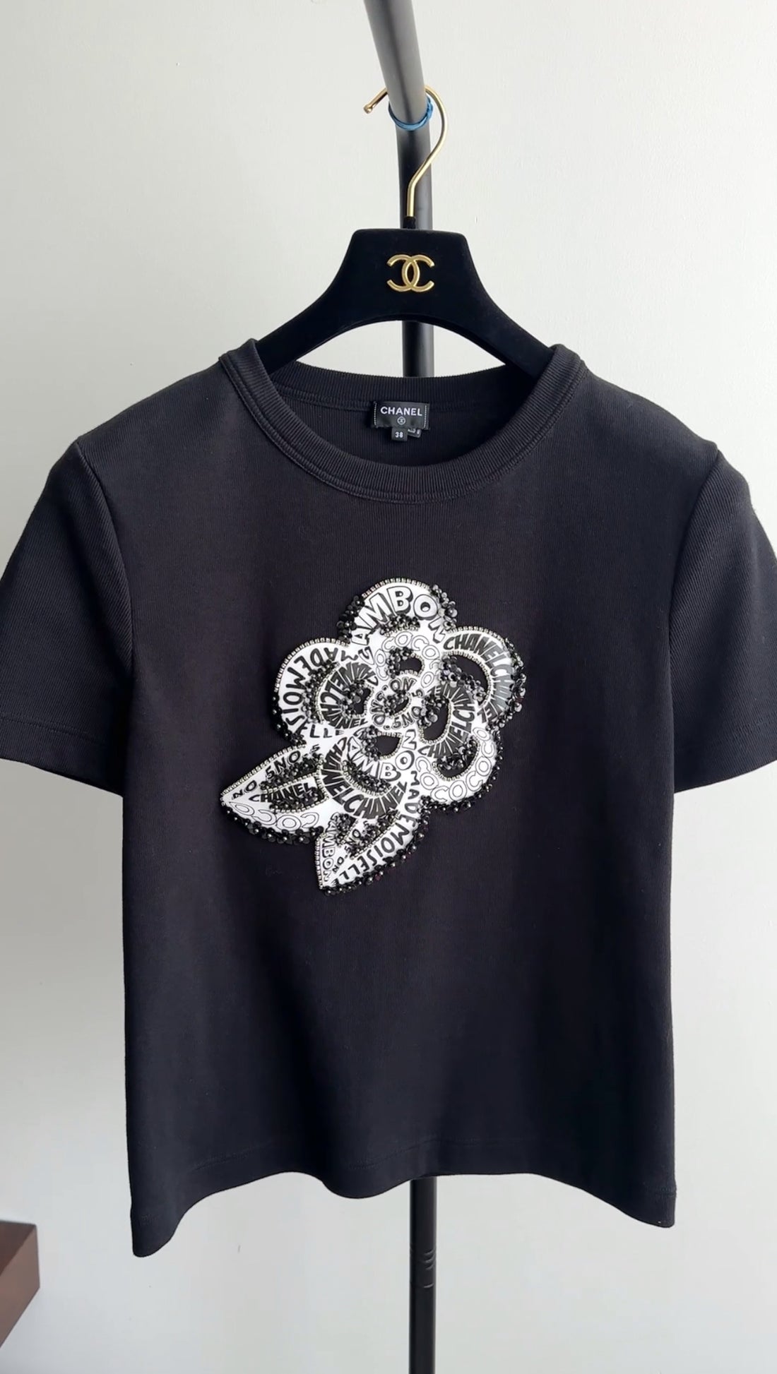 Chanel Black Cotton Camelia Logo Crystal Embellished T Shirt - 38 (S/M)