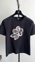 Chanel Black Cotton Camelia Logo Crystal Embellished T Shirt - 38 (S/M)