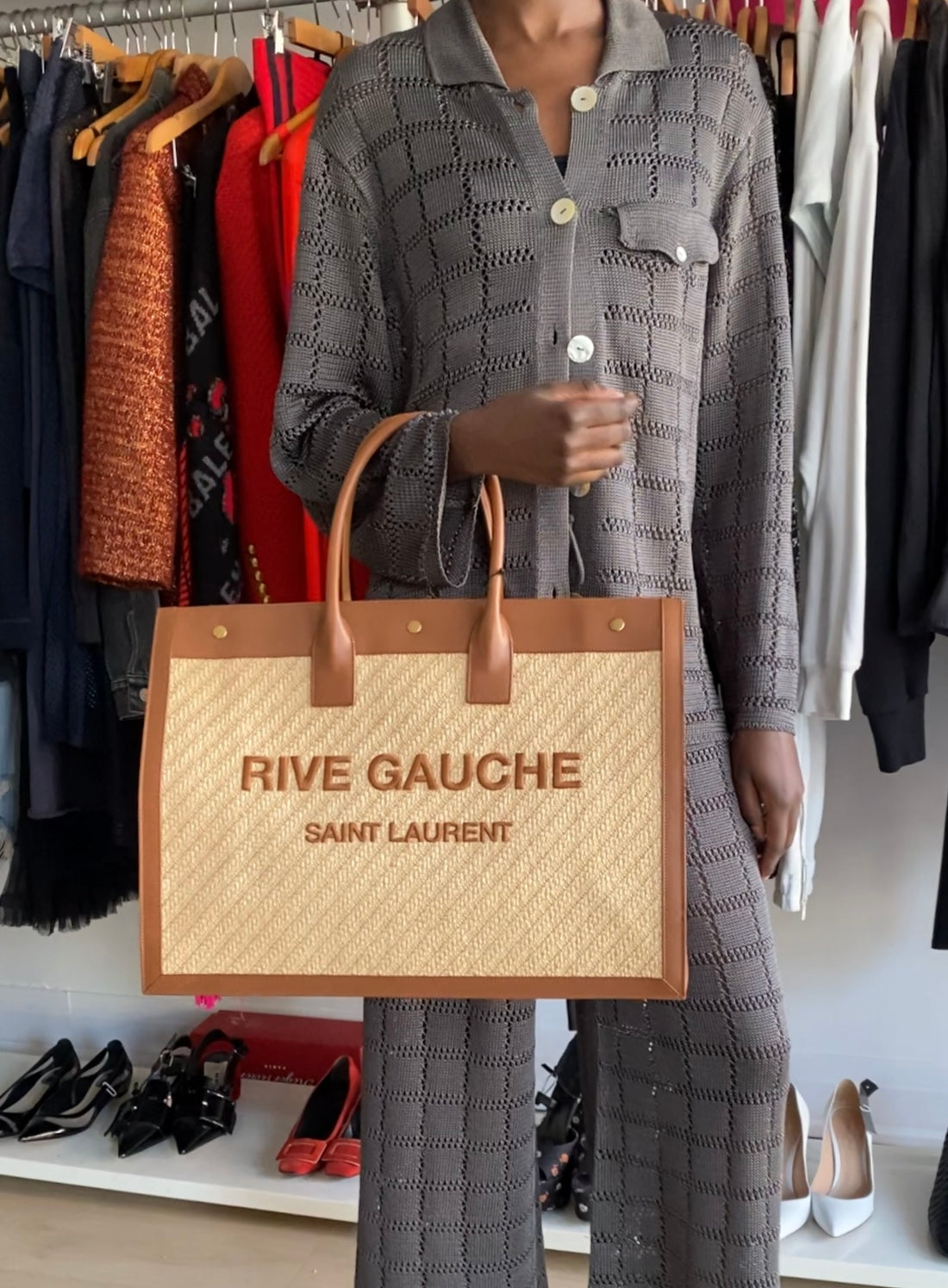 Saint Laurent Rive Gauche Tan Leather and Raffia Large Tote Bag