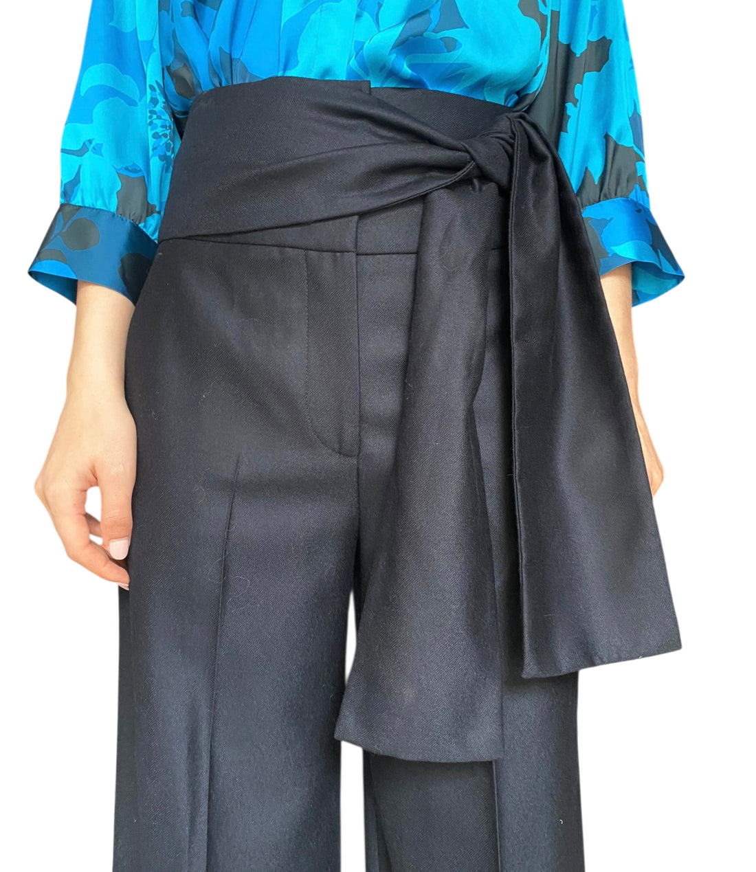 Victoria Beckham Navy Sash Tie Wide Leg Trousers - US 4