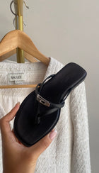 Hermes Black Calfskin Miss Mini Kelly Lock Flat Strappy Sandal - 37