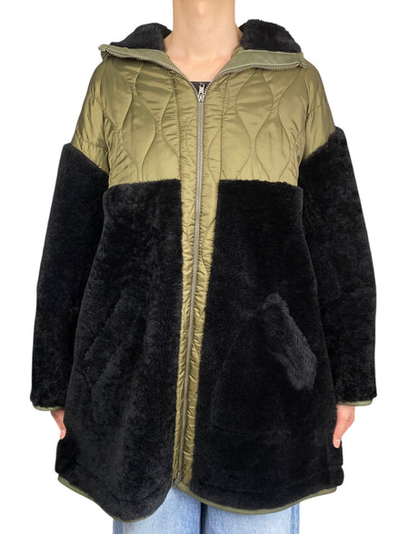 Halfboy Green and Black Shearling Hooded Coat - XS