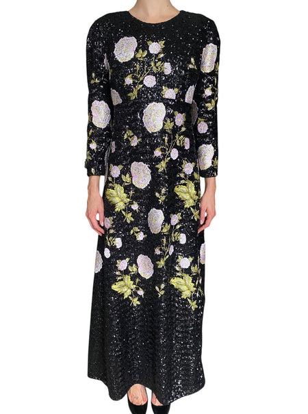 Giambattista Valli Black & Pink Sequinned Floral Embroidered Gown - IT 44 / US 8