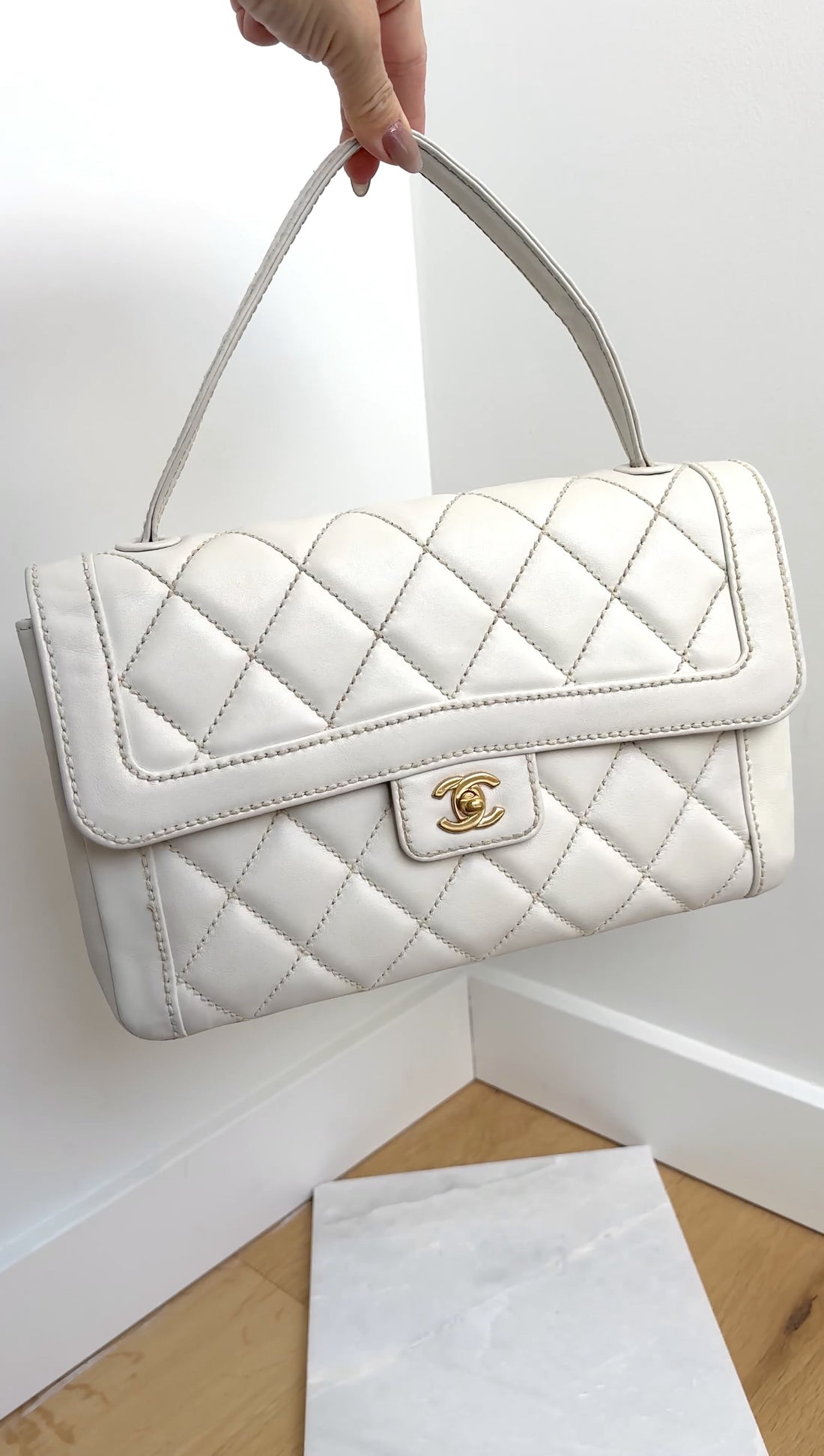 Chanel Vintage 2004 White Wild Stitch Top Handle Flap Bag