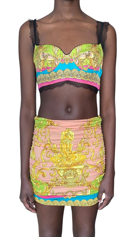Versace Pink & Green “Borocco Goddess” 2-Piece Silk Bralette / Skirt Set - 40 / US 4
