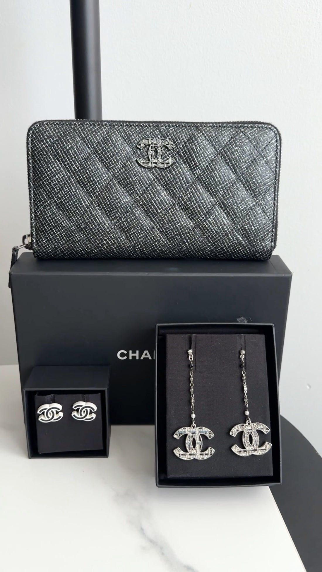 Chanel 19A CC Tweed Embellished Drop Earrings