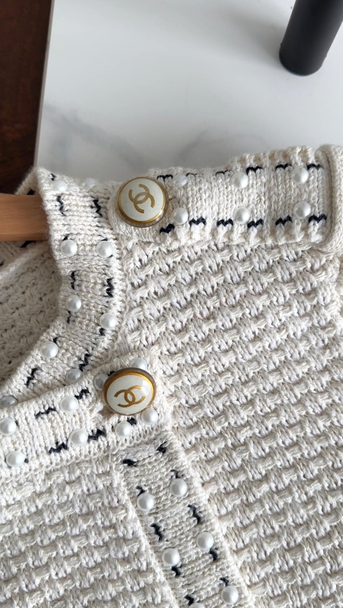 Chanel 16P Ivory Cotton / Cashmere Knit CC Pearl Jacket - FR36