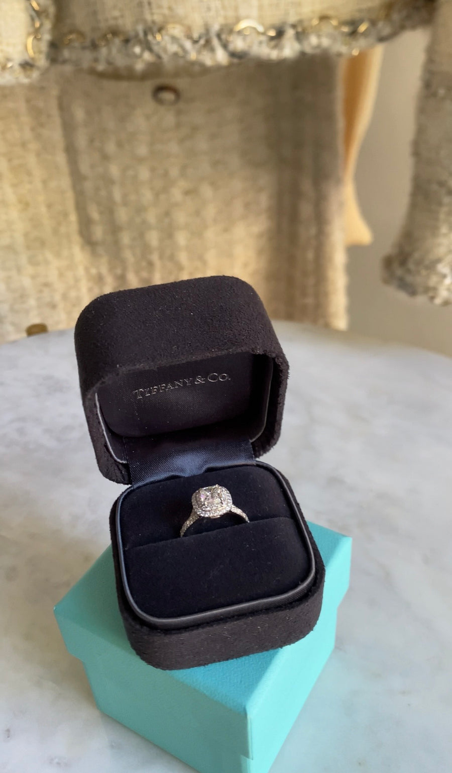 Tiffany & Co. Platinum Cushion Cut Brilliant Soleste Double Halo Engagement Ring - 4.75 / 15.5