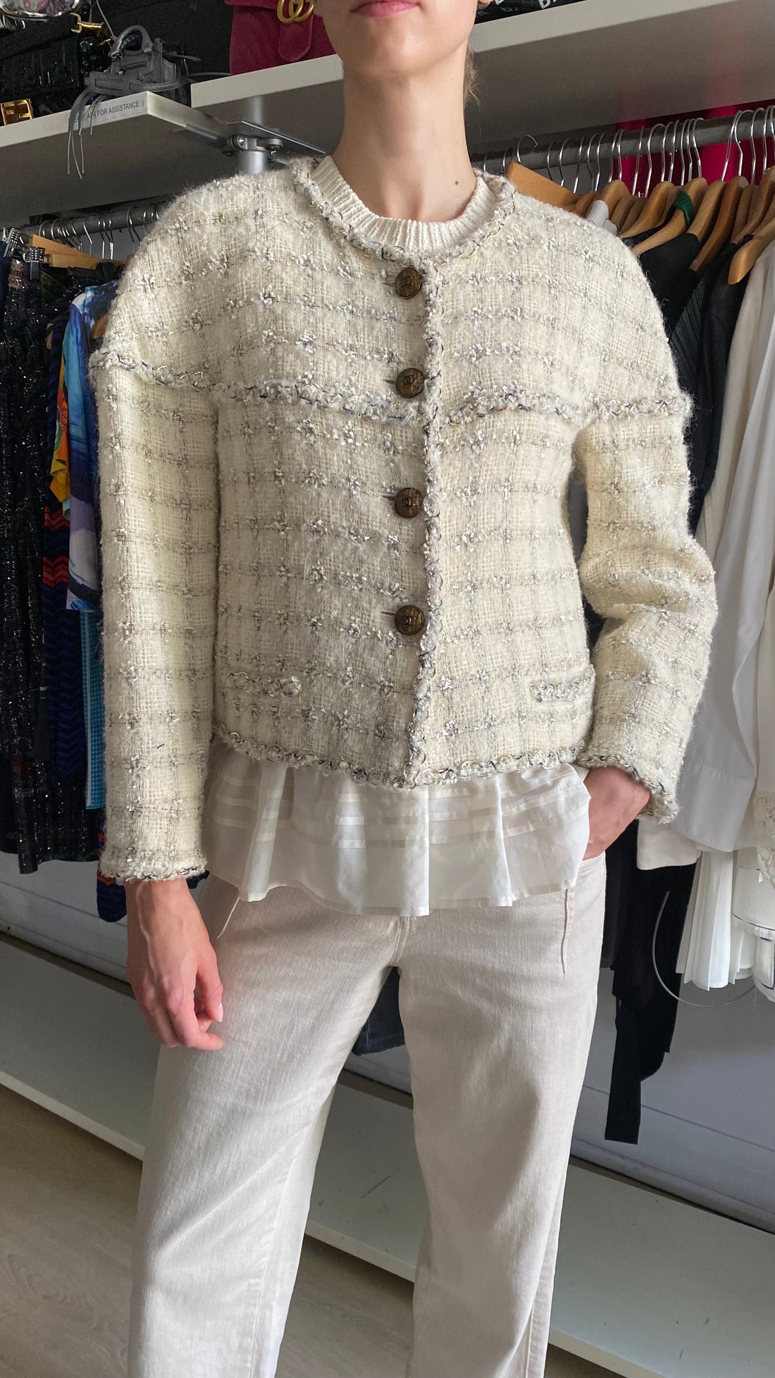Chanel 2011 Ivory Braided Chain Trim Metallic Tweed Jacket - FR 42 / US 8-10