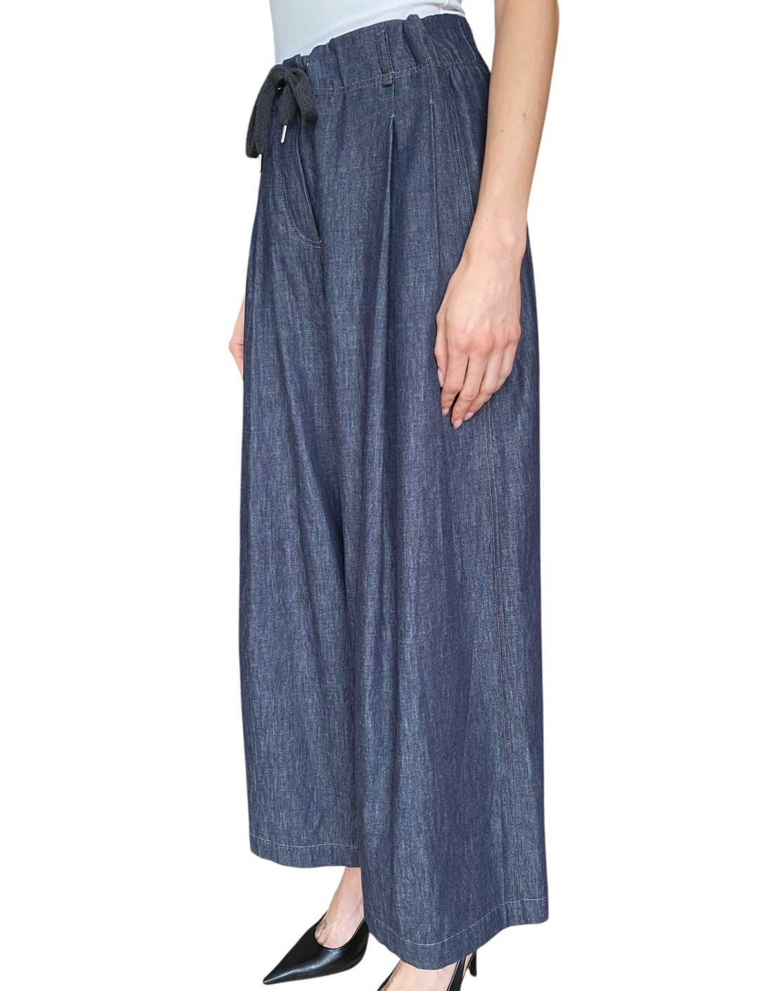 Brunello Cucinelli Dark Blue Wide Leg Denim Drawstring Trousers - M / US 8