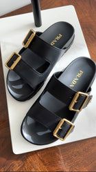 Prada Double Buckle Black Leather Flat Slide Sandals - 36.5 (fits like 37)