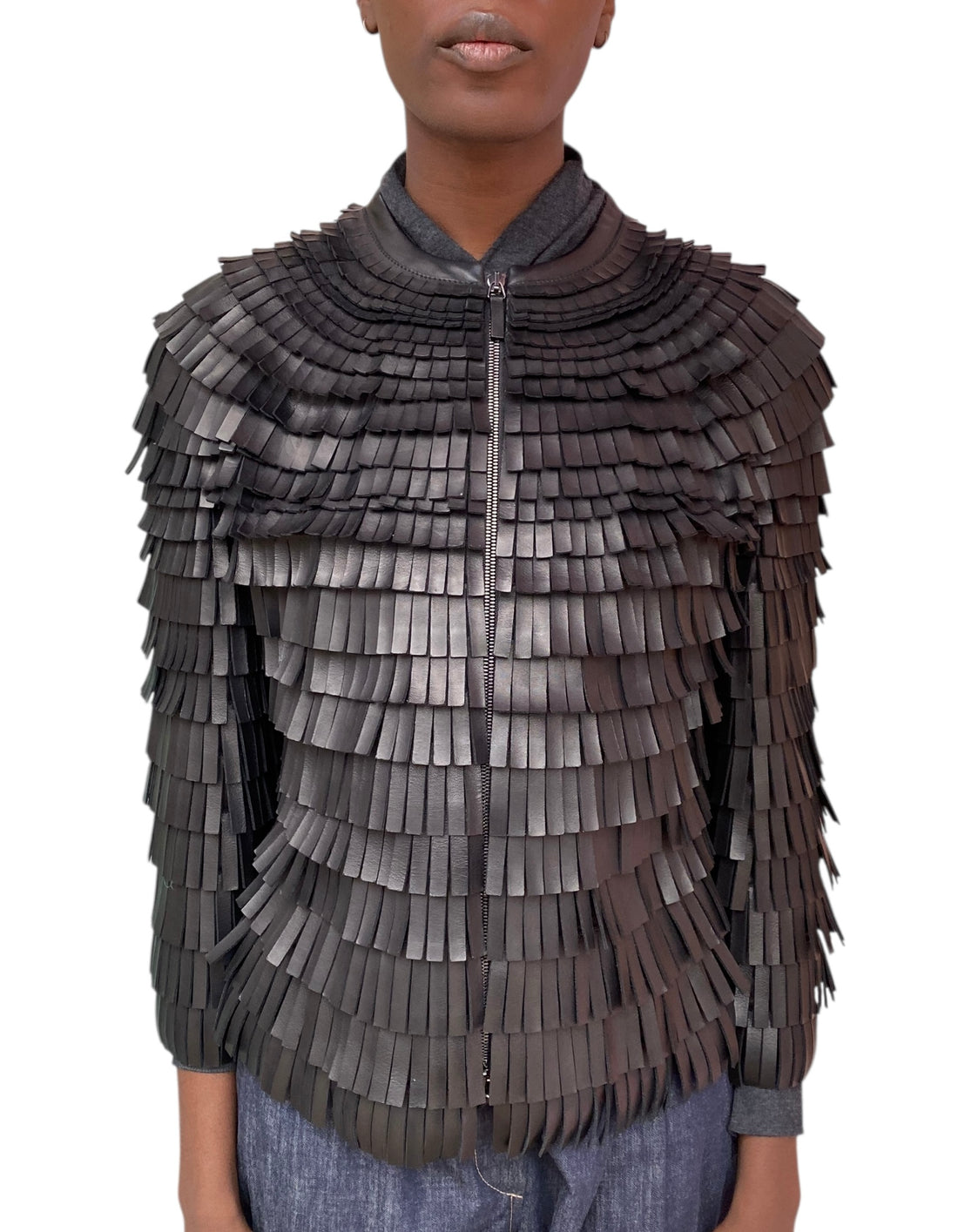 Giorgio Armani Black Leather Fringe Jacket - 44 / US 8