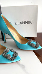 Manolo Blahnik Turquoise Silk Hangisi 105 Pumps - 36