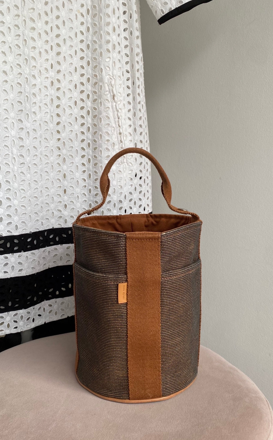 Hermes Brown Toille Canvas Saxo PM Bucket Bag