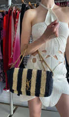 Saint Laurent Natural Beige and Black Stripe Raffia Monogram Reversible Chain Flap Bag