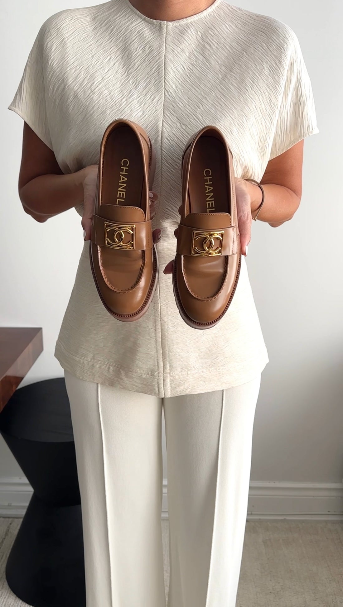 Chanel 2023 Tan Glossed Leather CC Tread Loafer - 37