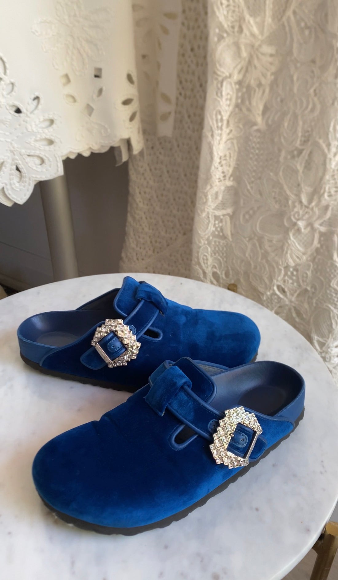Birkenstock x Manolo Blahnik Blue Velvet Boston Crystal Clogs - 37