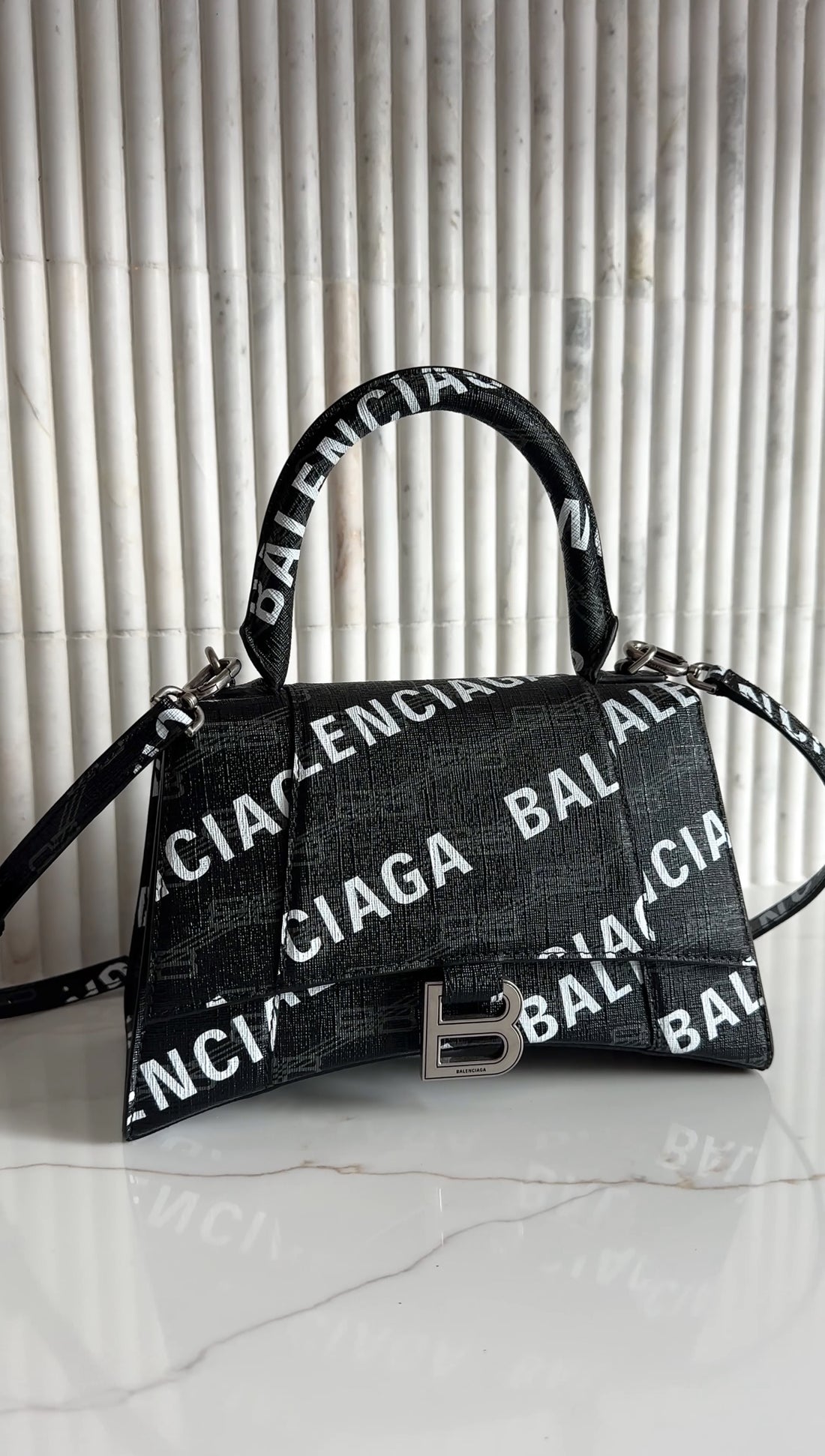 Balenciaga  Black BB Monogram Logo All Over Hourglass XS Bag