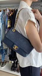 Chanel Surpique Chevron Navy Quilted Leather Medium Flap Bag