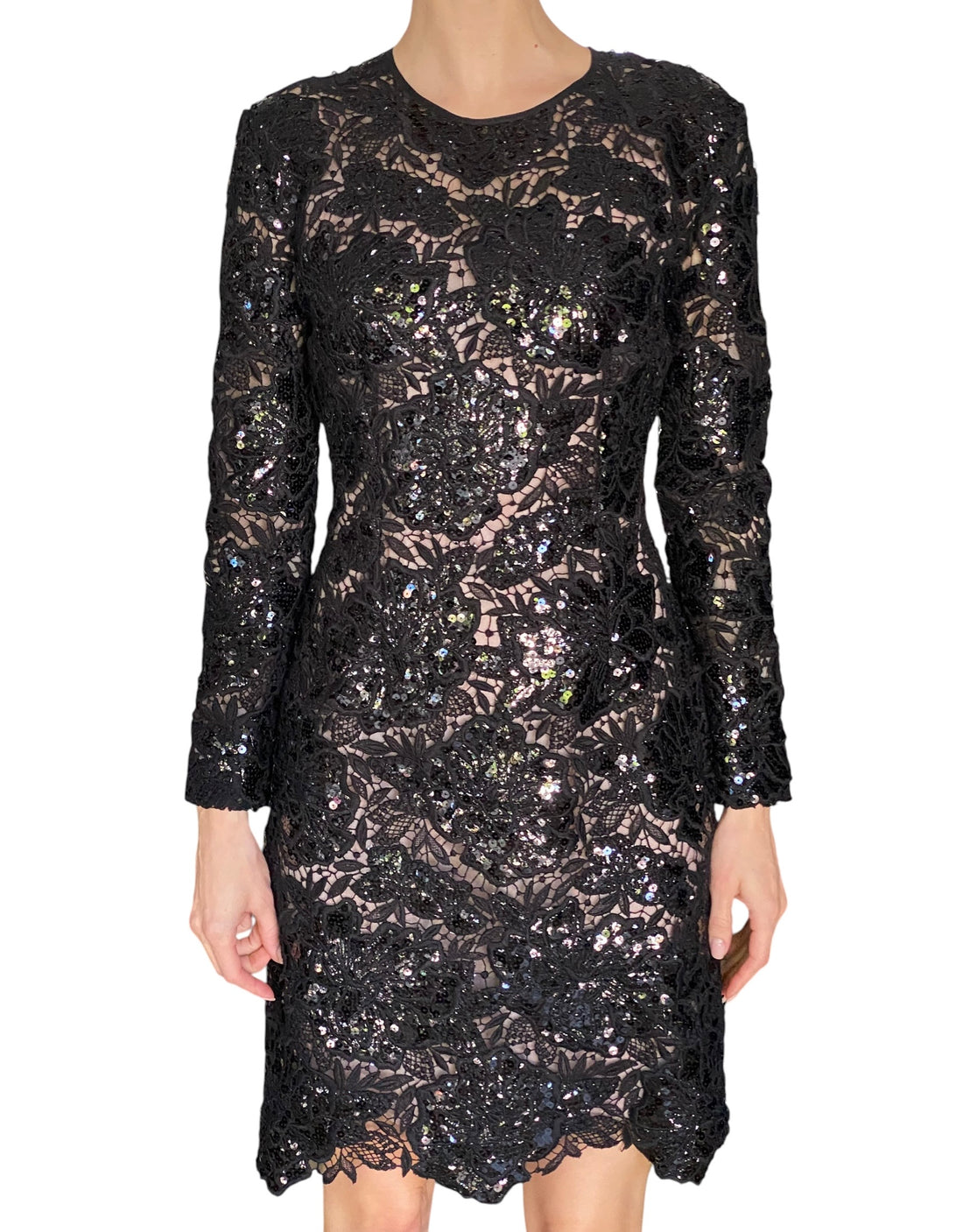 Giambattista Valli Black Sequin Guipure Long Sleeve Cocktail Dress - IT 44 / M / US 6-8