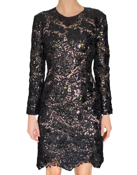 Giambattista Valli Black Sequin Guipure Long Sleeve Cocktail Dress - IT 44 / M / US 6-8