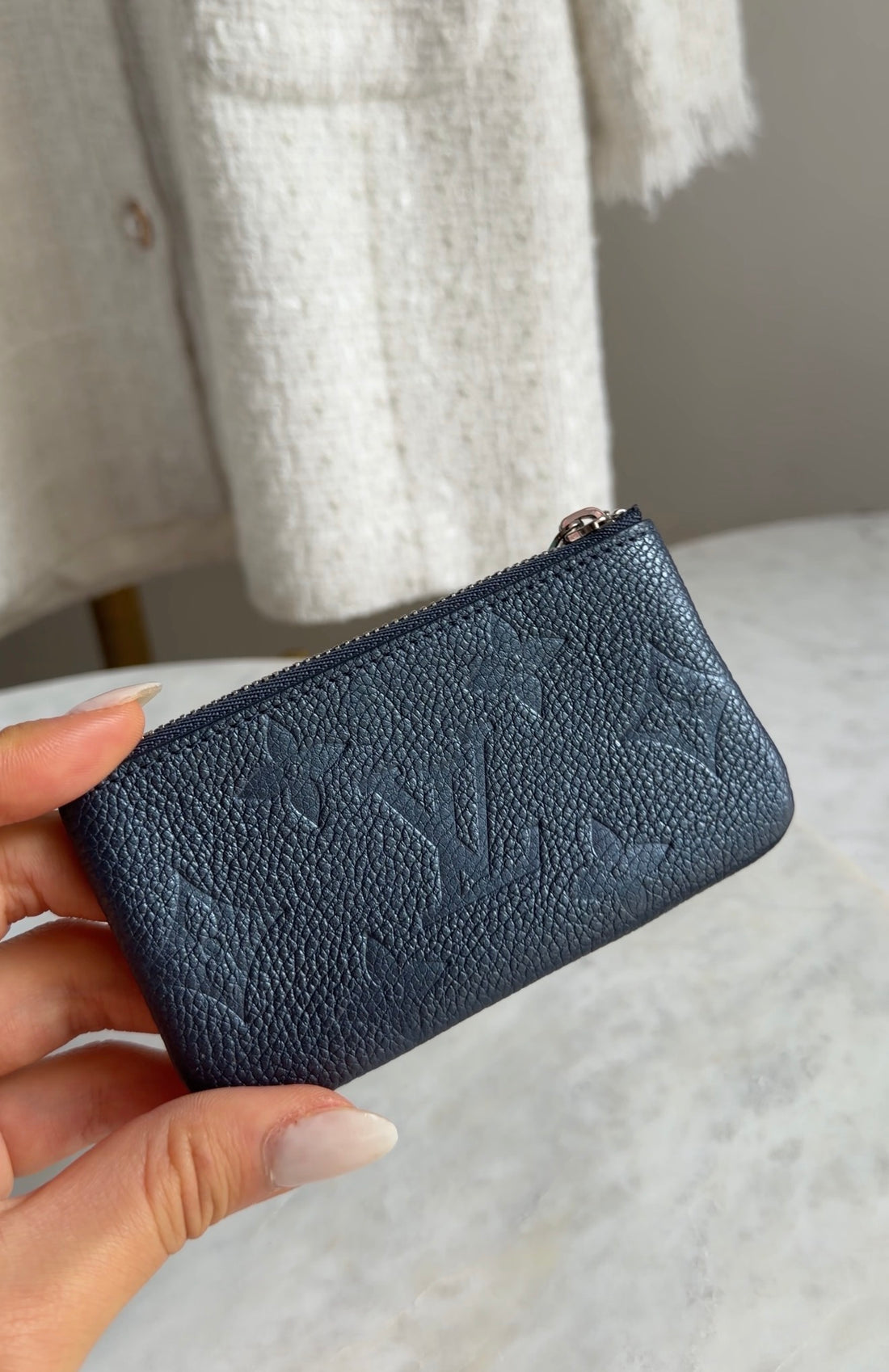 Louis Vuitton Steel Blue Grey Empreinte Leather Zip Coin Pouch Keychain Wallet