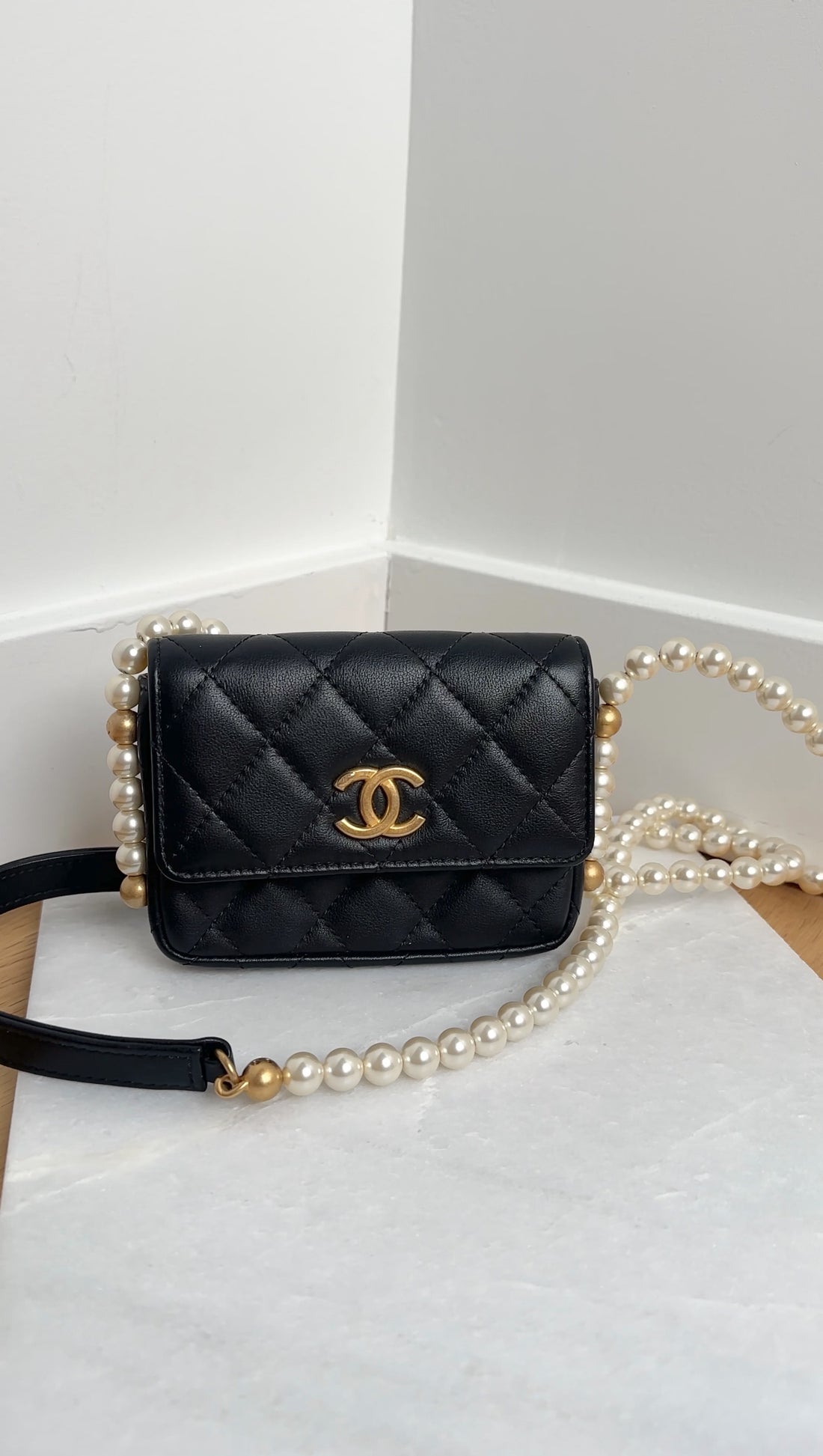 Chanel Black About Pearls Mini Card Holder on Strap