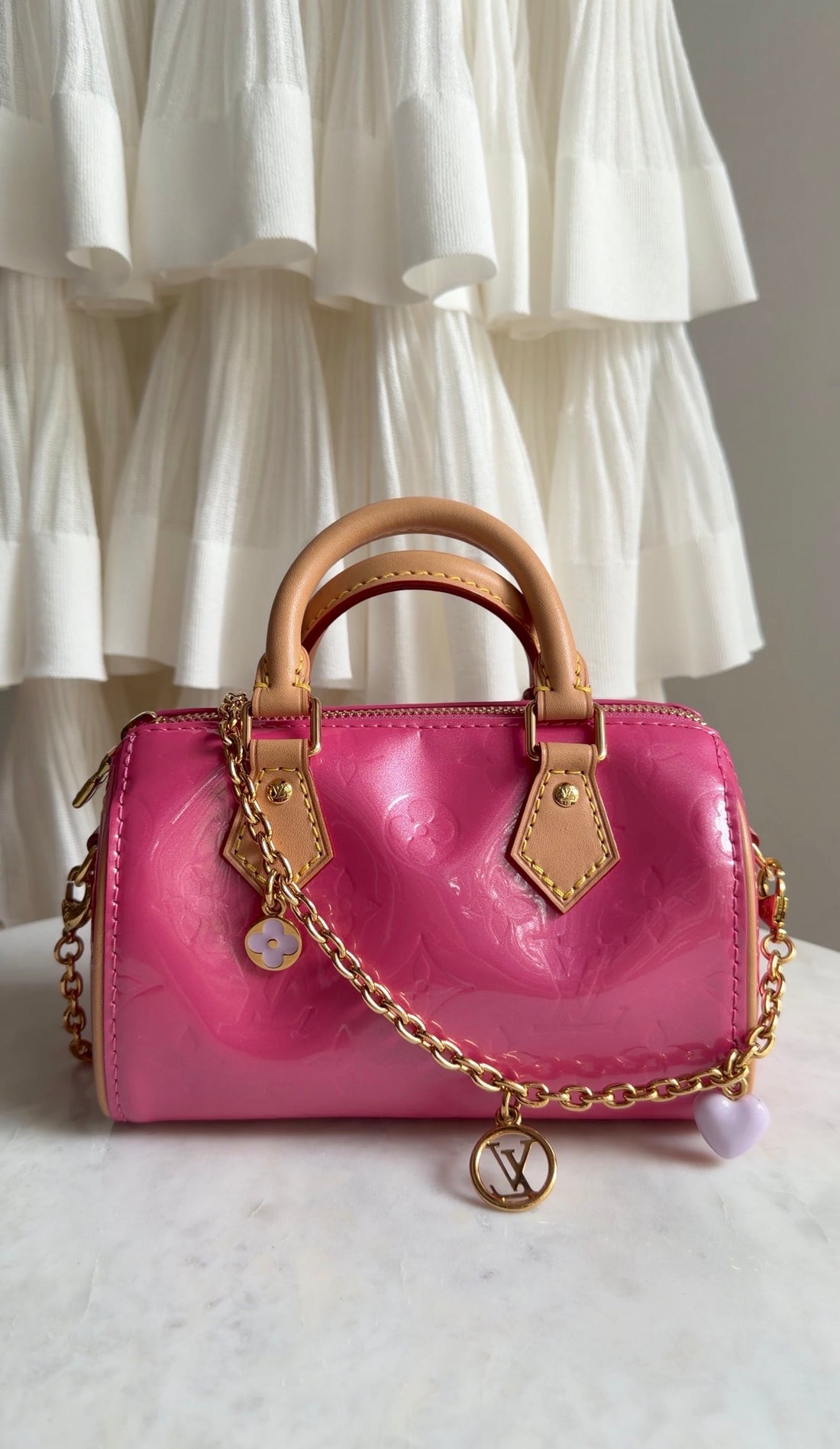 Louis Vuitton New Pink Monogram Vernis Nano Speedy Bag with Chain Strap