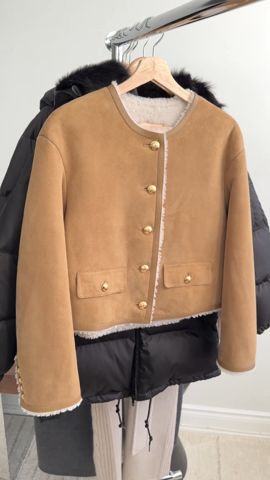 Nili Lotan Tan Shearling Zanie Jacket with Gold Buttons - S