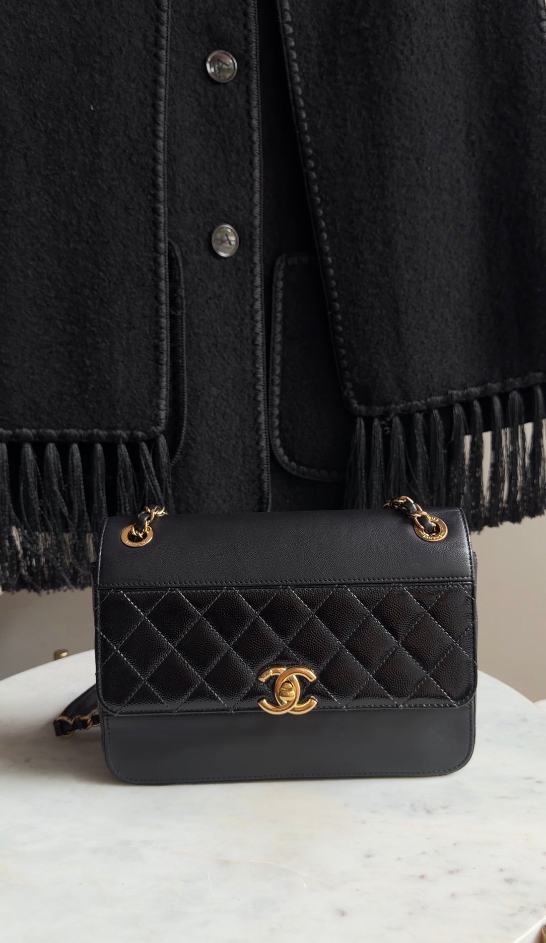 Chanel Black Calfskin and Patent Medium Chain Medium Flap Bag