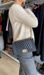 Chanel Black Chevron Quilted Leather Old Medium Le Boy Bag
