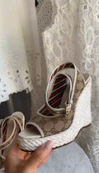 Gucci White Beige Monogram Canvas Rope Wedge Sandals - 36