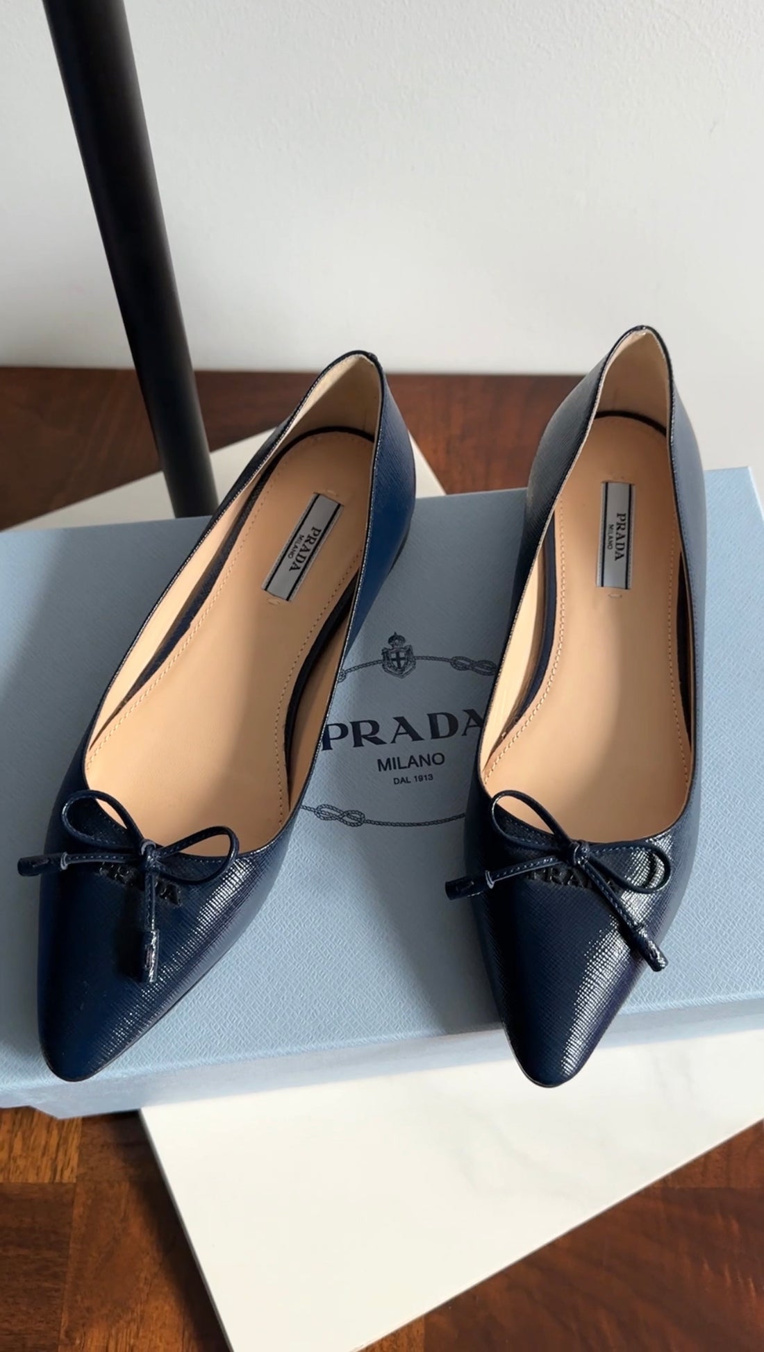 Prada Saffiano Leather Navy Blue Flat Shoes - 36