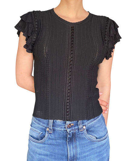 Ulla Johnson Black Knit Ribbed Ruffle Top - S
