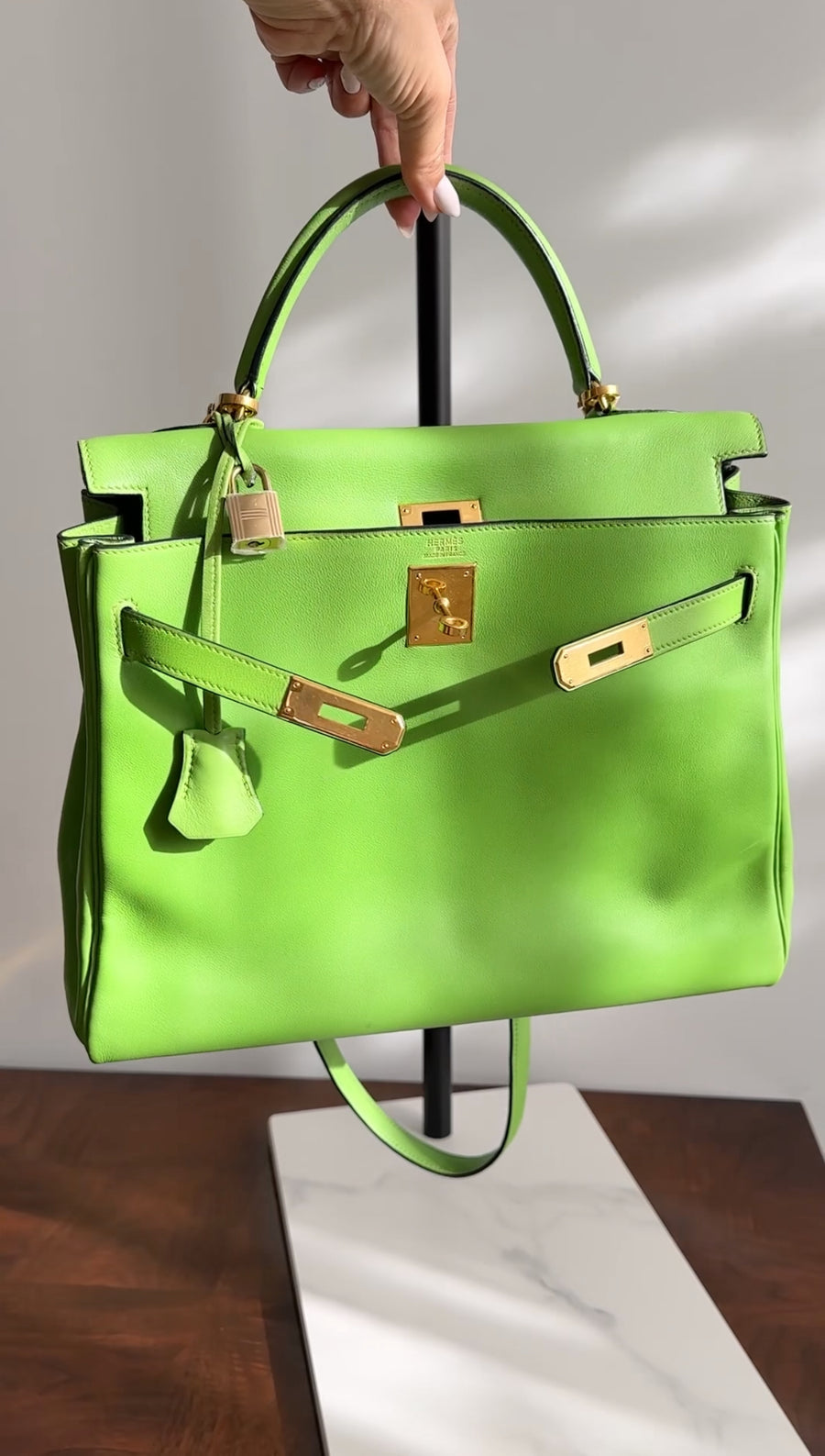 Hermes Vintage 1997 Apple Green Gulliver Leather Kelly 32cm Bag GHW