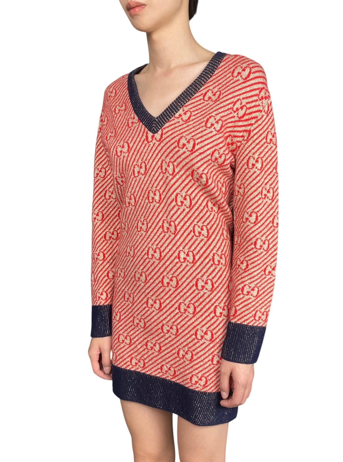 Gucci Red Striped Knit GG Wool Sweater Dress - L