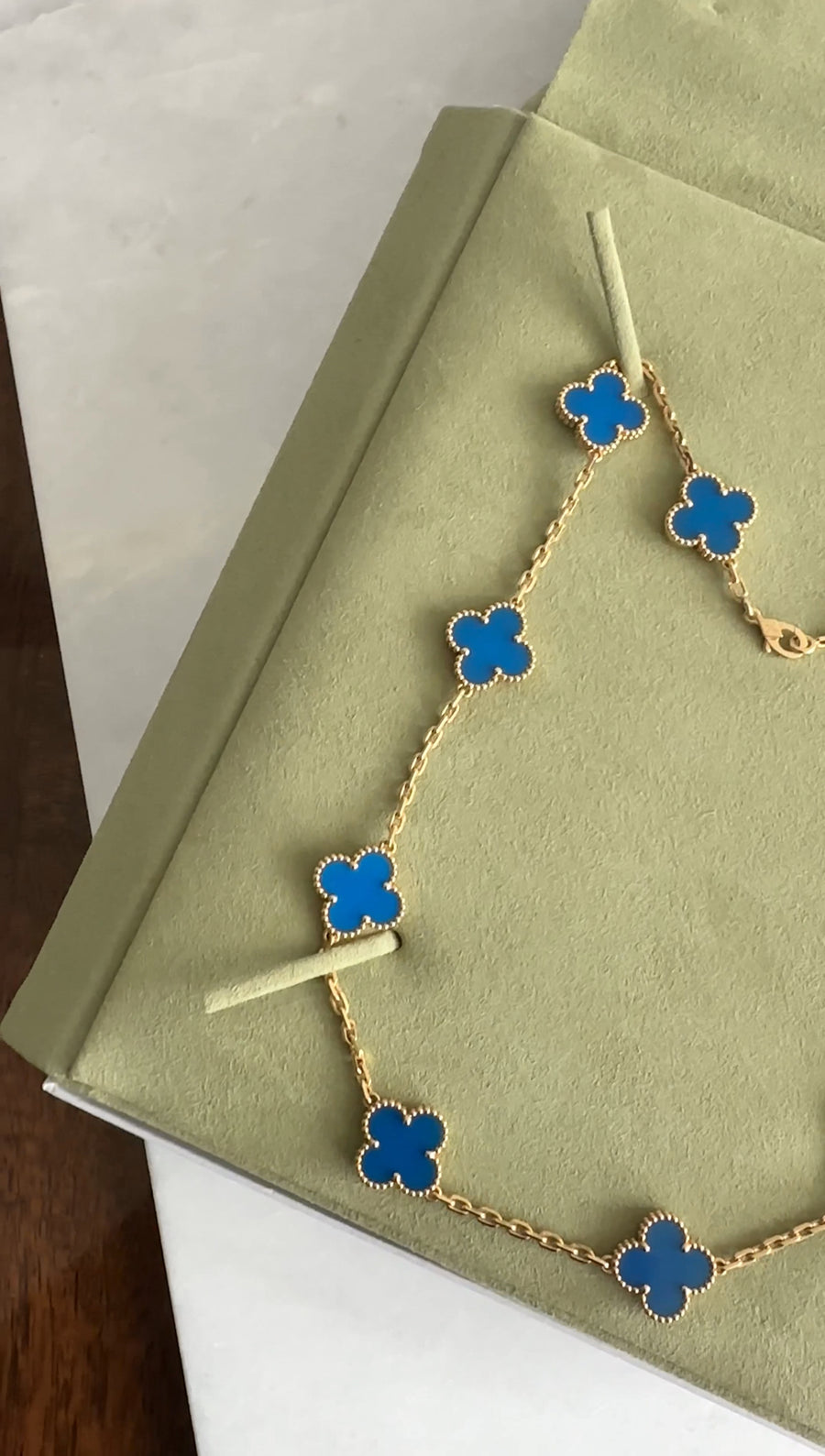 Van Cleef & Arpels 18K Yellow Gold Blue Agate Vintage Alhambra 10 Motif Necklace