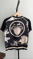 Hermes Black and Taupe Silk and Knit Ex Libris Short Sleeve Top - FR40 / 6