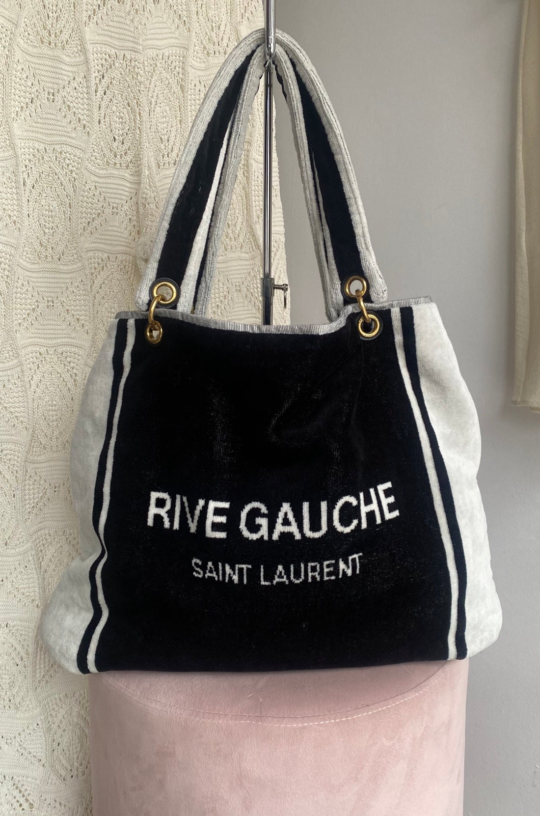 Saint Laurent Rive Gauche Black and White Terry Cloth Convertible Towel Tote