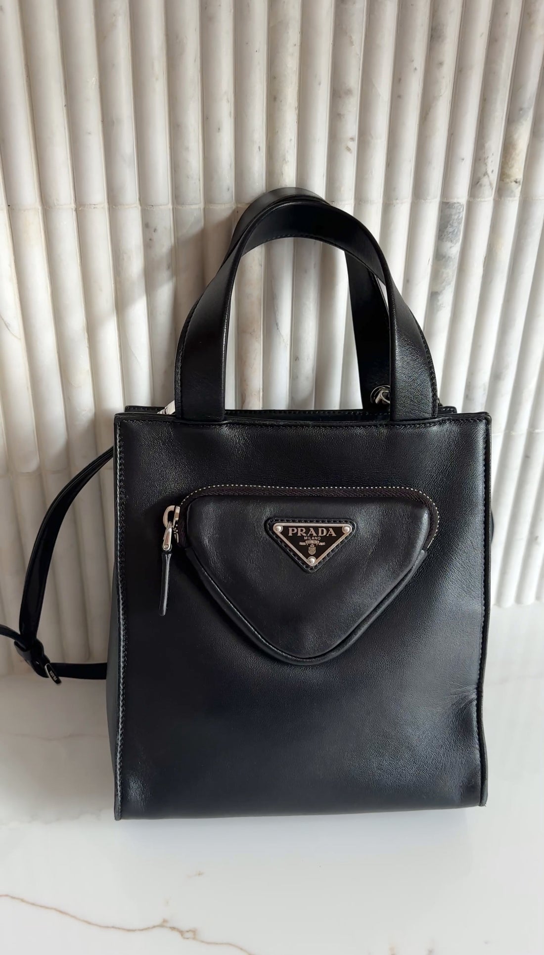 Prada Black Nappa Small Triangle Pocket Vertical Two Way Tote Bag
