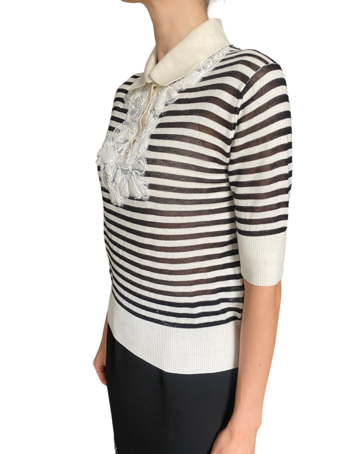 Ermanno Scervino White & Black Striped Lace Cashmere Blend Short Sleeve Polo - IT 44 / US 6-8