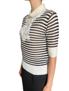 Ermanno Scervino White & Black Striped Lace Cashmere Blend Short Sleeve Polo - IT 44 / US 6-8
