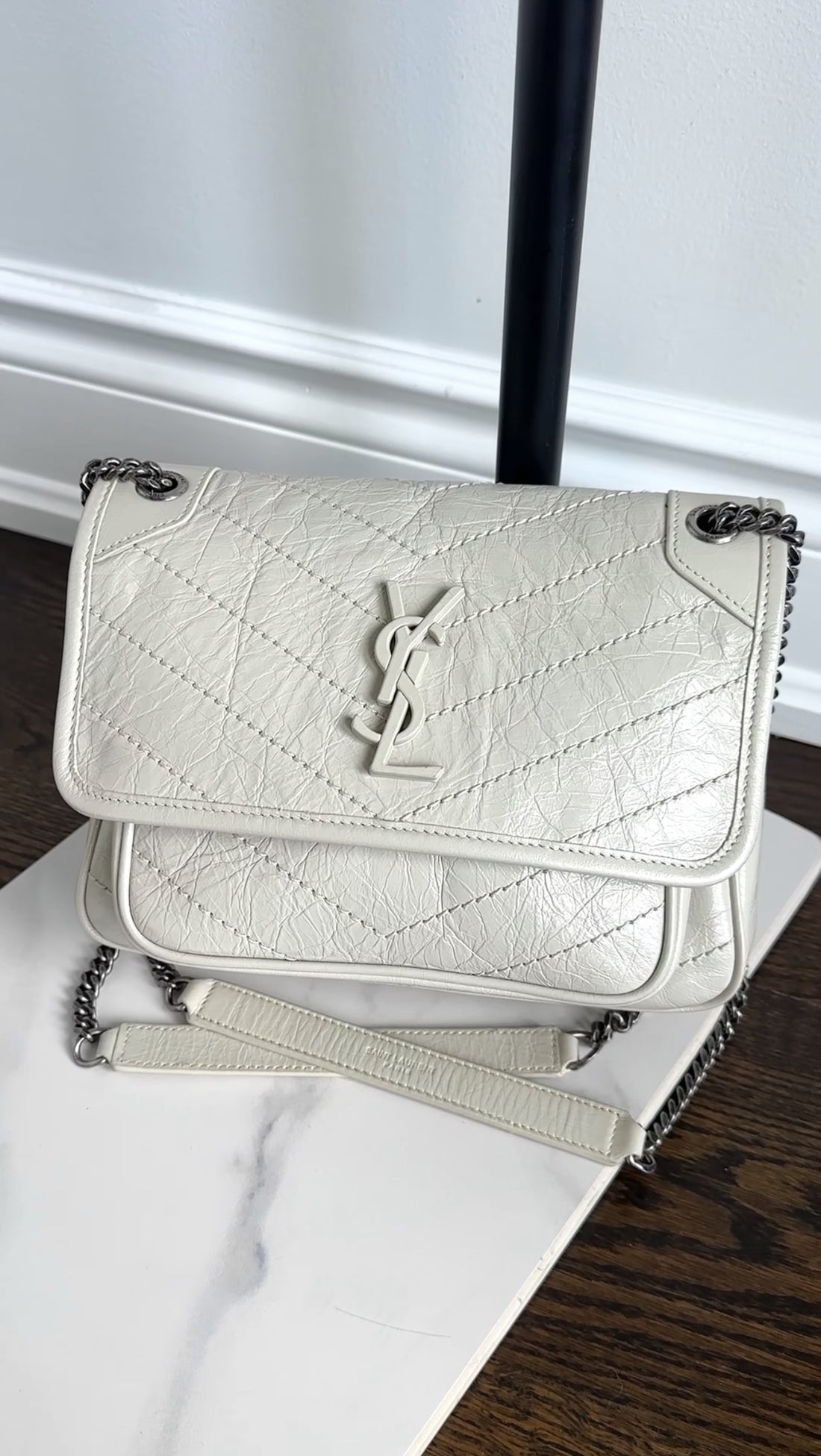 Saint Laurent Ivory Niki Baby Aged Quilted Leather Shoulder Bag
